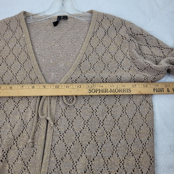 Jason Maxwell tan loose weave v-neck cardigan tie front metallic boho grandma M - Picture 5 of 11